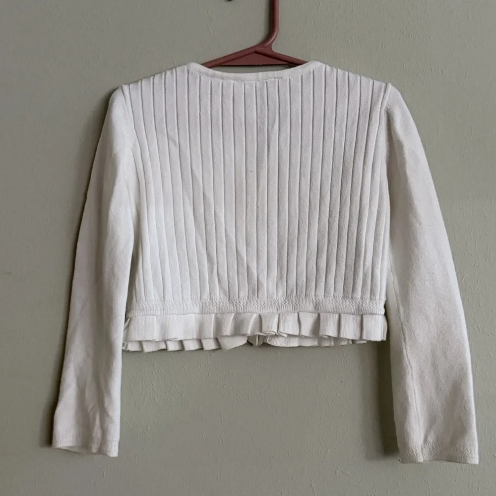 Mayoral | Ribbed Knit Cropped Cardigan with Ruffle Hem | Size 4